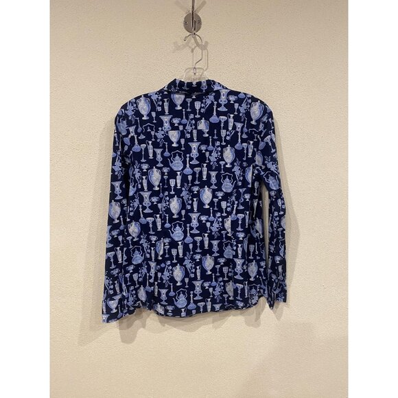Talbots Shirt Womens 10 Navy Blue Non-Iron Porcelain Vase Print Button Front - Picture 5 of 5